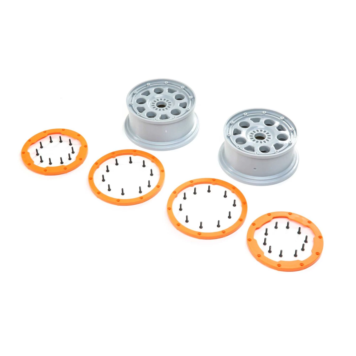 Losi 1/5 Front/Rear 4.75 Beadlock Wheels, 24mm Hex, Silver/Orange (2): DBXL-E 2.0 3 Losi 1/5 Front/Rear 4.75 Beadlock Wheels, 24mm Hex, Silver/Orange (2): DBXL-E 2.0
